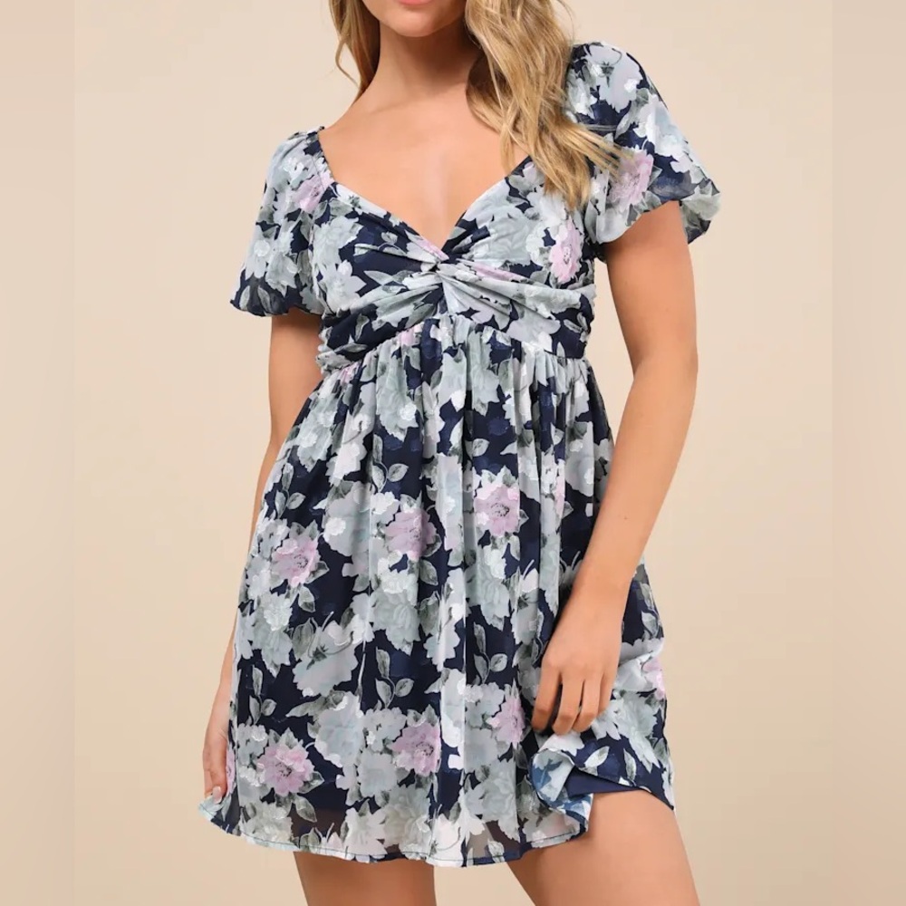 Lulus Navy Floral Print Puff Sleeve Mini Dress Spring lightweight Feminine Small